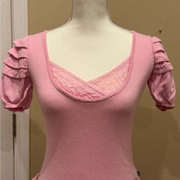 Dept Pink Puff Sleeve Knit Top with Textured Belt Detail Size Small - Picture 3 of 7
